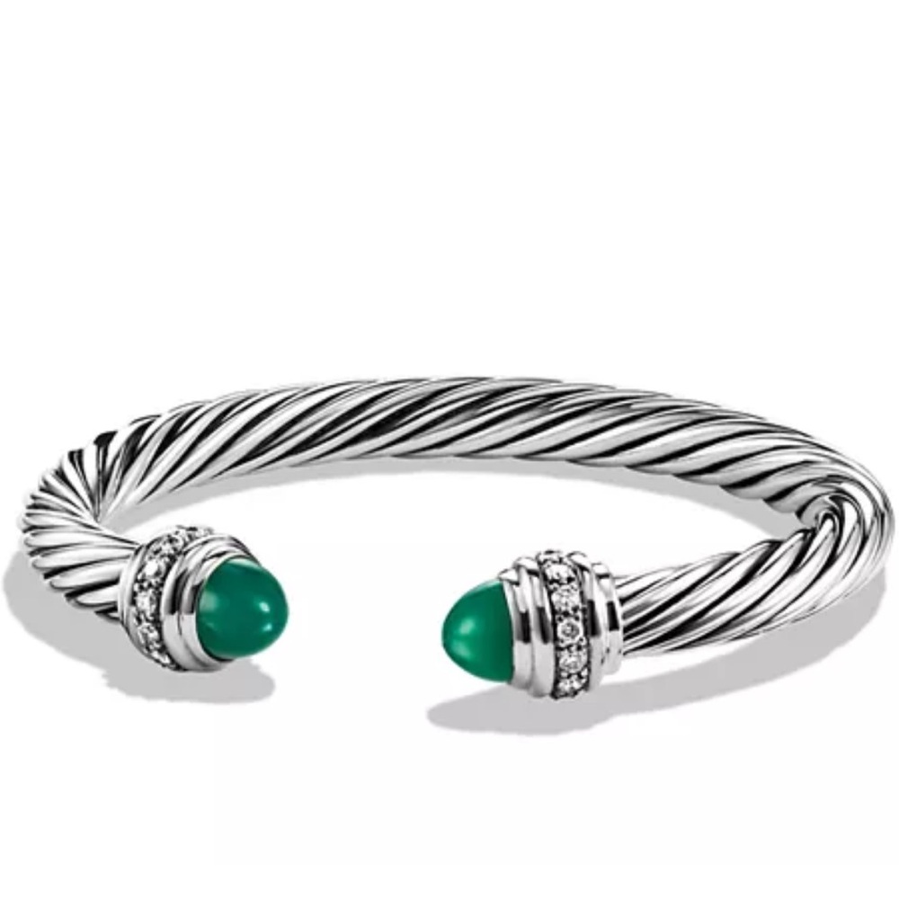David Yurman Cable Classics 7mm Bracelet w/ Green Onyx & Diamonds. NWT + Bag/Box